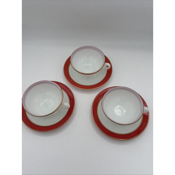 3 Vintage Pyrex Tea Cups and Saucers Flamingo Pink Coral Milk Glass c1950s MCM - Picture 3 of 8